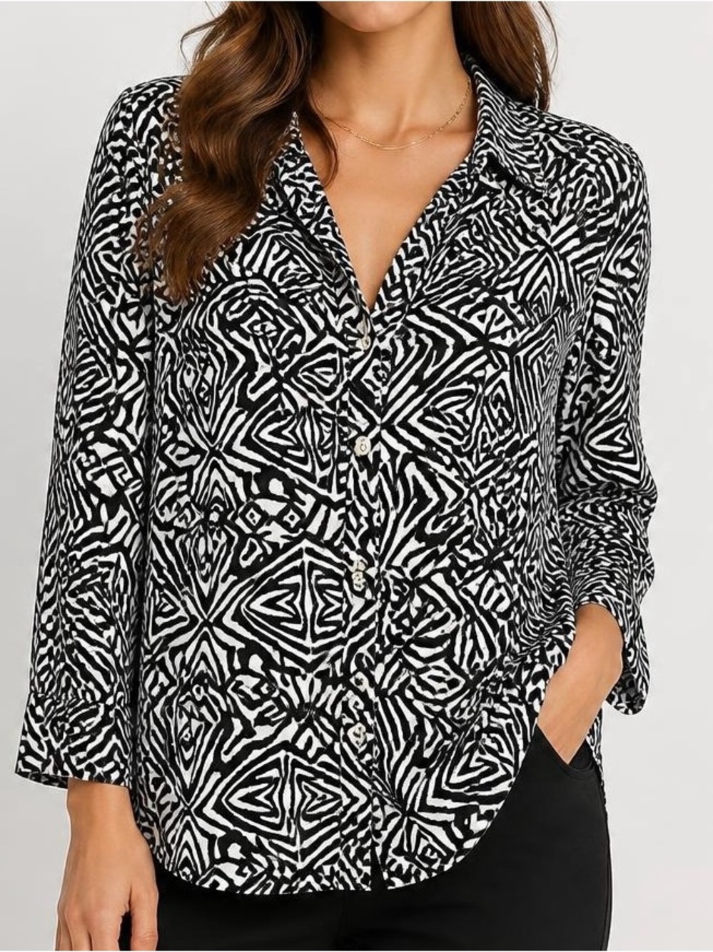 Chico's Black White Geometric Cotton Button Down Shirt Blouse Size 3 / XL